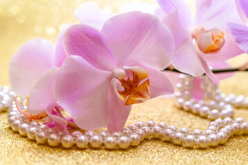 Fototapeta premium purple Orchid and pearl necklace on a shiny gold background 