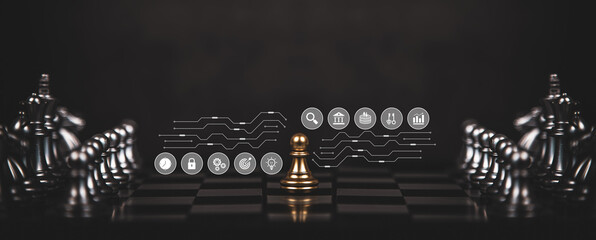 Chess pieces stand on chessboard concept of team player or business team and leadership strategy or strategic planning and human resources organization risk management.