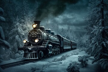 Steam locomotive winter. Generate Ai - obrazy, fototapety, plakaty