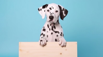 Dalmatian puppy holding up a blank whiteboard on isolated pastel color background, generative AI