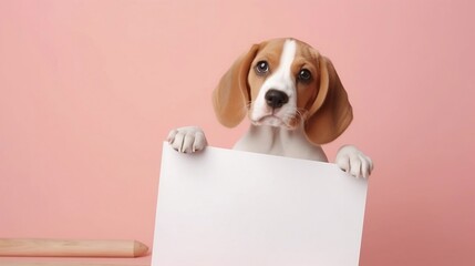 Beagle puppy holding up a blank whiteboard on isolated pastel color background, generative AI