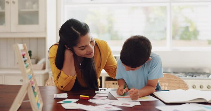 Homework, mother and son with education, knowledge and learning with happiness, writing and creative. Student, male kid and female parent with child development, studying and conversation at home