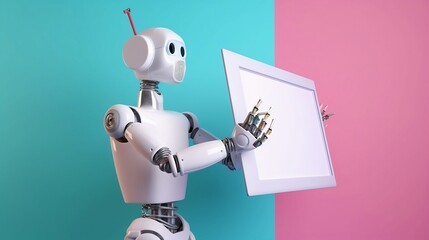 Robot holding up a blank whiteboard on isolated pastel color background, generative AI