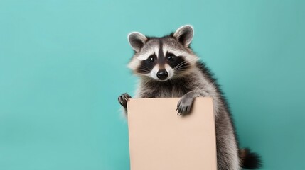 A raccoon holding up a blank whiteboard on isolated pastel color background, generative AI
