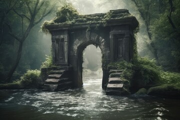 Stone gate arch river. Generate Ai