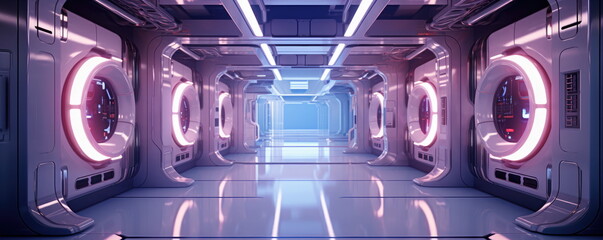 Space station or spaceship scifi style corridor or room. . Ultra modern sci-fi design. Generative AI.  © killykoon