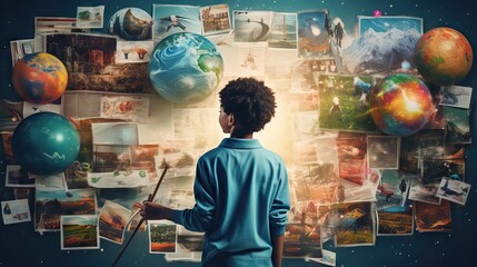 A curious student examining a bulletin board filled with diverse exciting extracurricular activities. Generative AI.