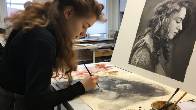 A creative student deeply engrossed in drawing or painting, showcasing artistic talent and expression. Generative AI.