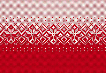 Red and white Christmas seamless ornament. Red knitted geometrical pattern. Fair isle traditional holiday background. Xmas print border. Festive sweater. Vector illustration.