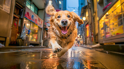 My dog a Labrador retriever running through a shopping street in Japan after the rain, with Generative AI