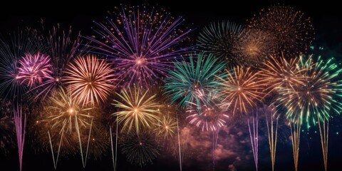 Fototapeta premium Abstract background celebration happy new year and merry Christmas Colorful firework on black background, generative ai