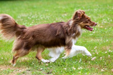 Close-up shot of a cute brown Australian Shepherd walking in the grass field in spring