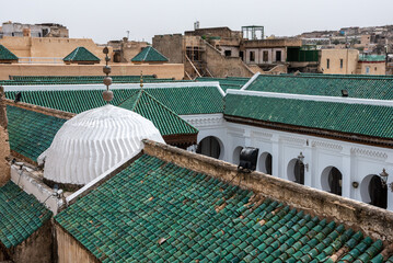 Beautiful green roof of the famous Al-Qarawiyin mosque in Fes