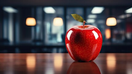 A bright red apple placed on a teacher’s desk, a classic symbol of education and learning. Generative AI.
