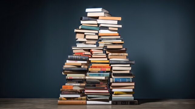 A tall stack of various textbooks representing different subjects, ready for a new academic year. Generative AI.