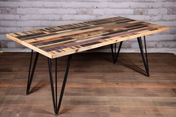 upcycled dining table with a mix of different types of wood and metal legs, created with generative ai
