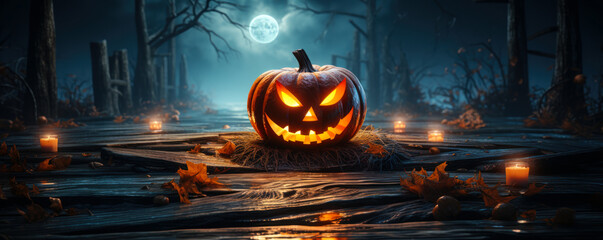 background of a scary jack o lantern in a wooden plank of wood, ethereal seascape