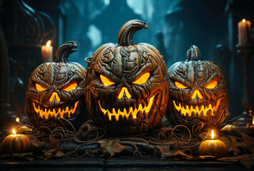 Mysterious Illumination: Carved Pumpkins with Lights on a Dark Background