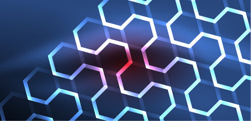 Abstract background techno neon hexagons. Hi-tech vector illustration for wallpaper, banner, background, landing page, wall art, invitation, prints, posters