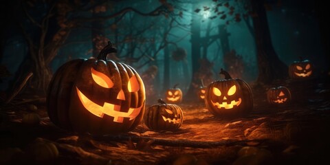 Halloween Pumpkins On Wood In A Spooky Forest At Night, generative ai