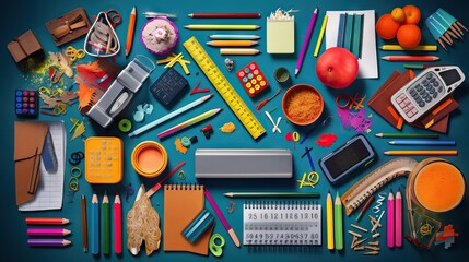 A vibrant assortment of school supplies including notebooks, pencils, and rulers, neatly arranged. Generative AI. - obrazy, fototapety, plakaty