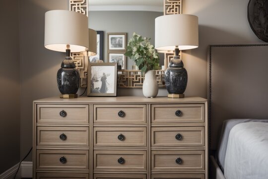 refurbished dresser with new hardware and decorative handles sits in upscale bedroom, created with generative ai
