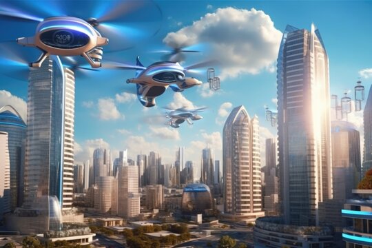 high-tech city with flying cars, robotic deliveries, and holographic billboards, created with generative ai
