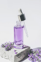 Obraz na płótnie Canvas Lavender cosmetic serum bottle on stone podium in sunlight. Natural cosmetics, aromatherapy concept. Closeup
