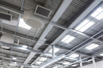 ventilation system with vents and fans in ceiling of warehouse or factory, providing fresh air and removing odors, created with generative ai