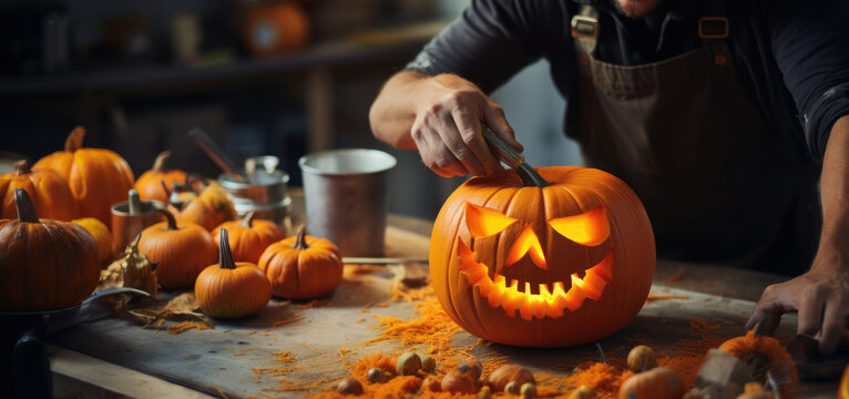 photo of Carving a pumpkin for halloween 