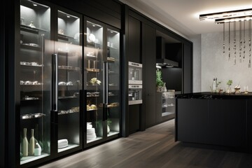 modern walk-in freezer with transparent doors and sleek black finish, created with generative ai