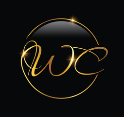 A vector illustration A vector illustration of Golden wc Monogram Initial Letters Logo in black background with gold shine effect