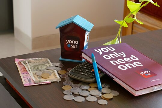 A financial picture of State bank of India's YONO brand and its various banking products such as loans, savings account, digital banking, fixed deposits, debit-credit etc