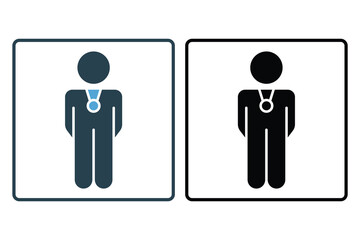 winner icon with medal. People wear medals. icon related to winner, success, victory. Solid icon style design. Simple vector design editable