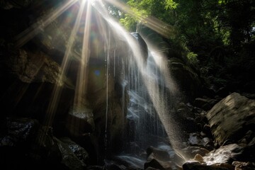 sunbeams dappling the surface of a crystal-clear waterfall, created with generative ai
