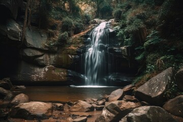 majestic waterfall cascading over rocky cliff face in the forest, created with generative ai