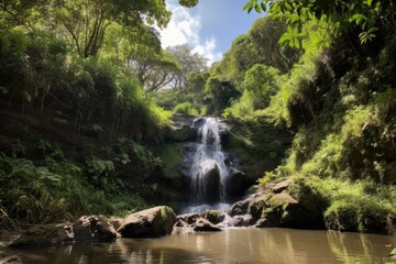 waterfall surrounded by lush greenery, with glimpse of blue sky, created with generative ai