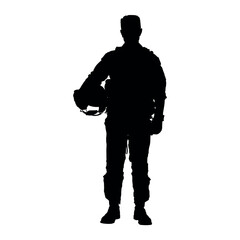 Air force pilot holding helmet standing full length silhouette. © Andreas