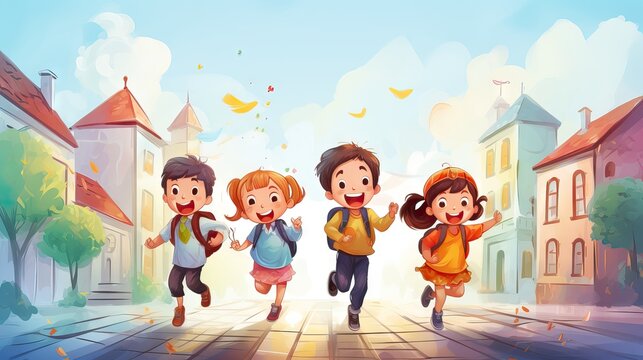 Excited children with colorful backpacks happily walking towards their school building. Generative AI.