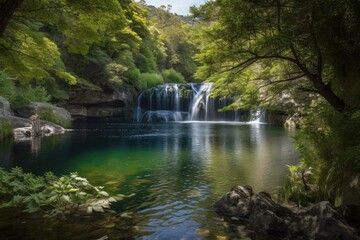 Fototapeta na wymiar waterfall cascading into tranquil lake, surrounded by greenery, created with generative ai