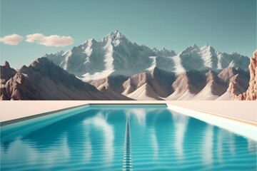 large competitive swimming pool outdoors mountains in background minimalism hyper realistic 8k 