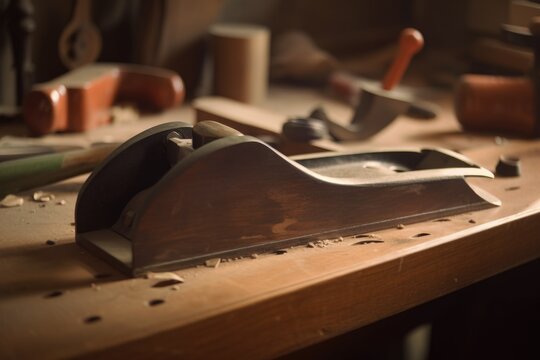 close-up of woodworker's hand plane, with freshly planed surface visible, created with generative ai