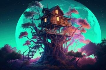 Treehouse moon forest. Generate Ai