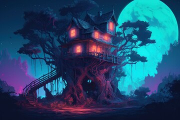Fototapeta na wymiar Treehouse moon fantasy. Generate Ai