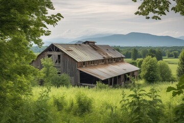 Fototapeta na wymiar rustic barn, surrounded by lush greenery and wildlife, with view of distant mountain range in the background, created with generative ai