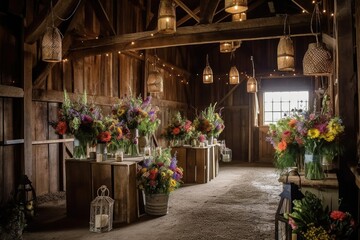 Fototapeta na wymiar decorative barn with hanging lanterns, bouquets of flowers and rustic accents, created with generative ai