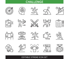 Editable line Challenge outline icon set. Motivation, Target, Potential, Overcome, Strong, Thirst for Victory, Trophy, Success. Editable stroke icons EPS