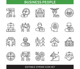 Editable line Business People outline icon set. Career, Business Meeting, Authority, Competitors, Manager, Organization, Cooperation, Job. Editable stroke icons EPS