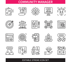 Editable line Community Manager outline icon set. Social Media, Influencer, Storytelling, SEM, Monitoring, Branding, Strategy, Blogging. Editable stroke icons EPS