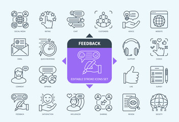Editable line Feedback outline icon set. Influencer, Social Media, Rating, Support, Survey, Email, Opinion, Quick Response. Editable stroke icons EPS